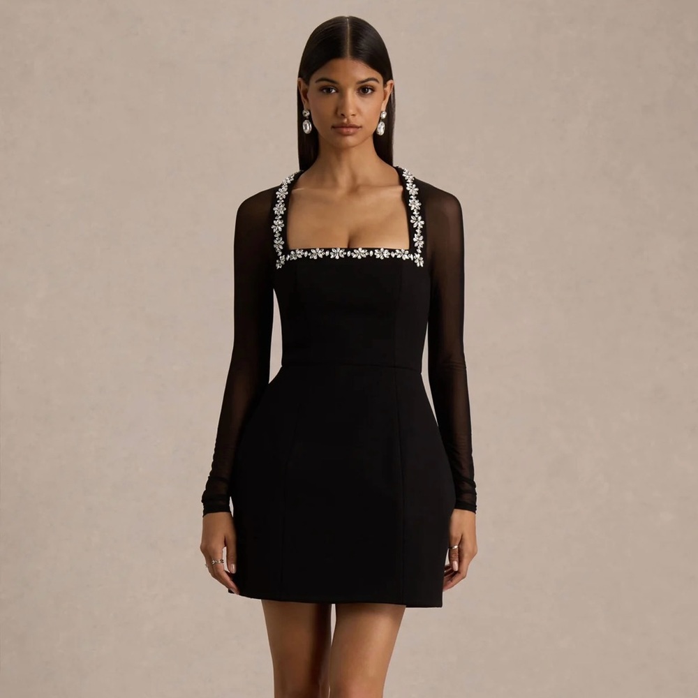 Black Crepe And Mesh Square-Neck Mini Dress